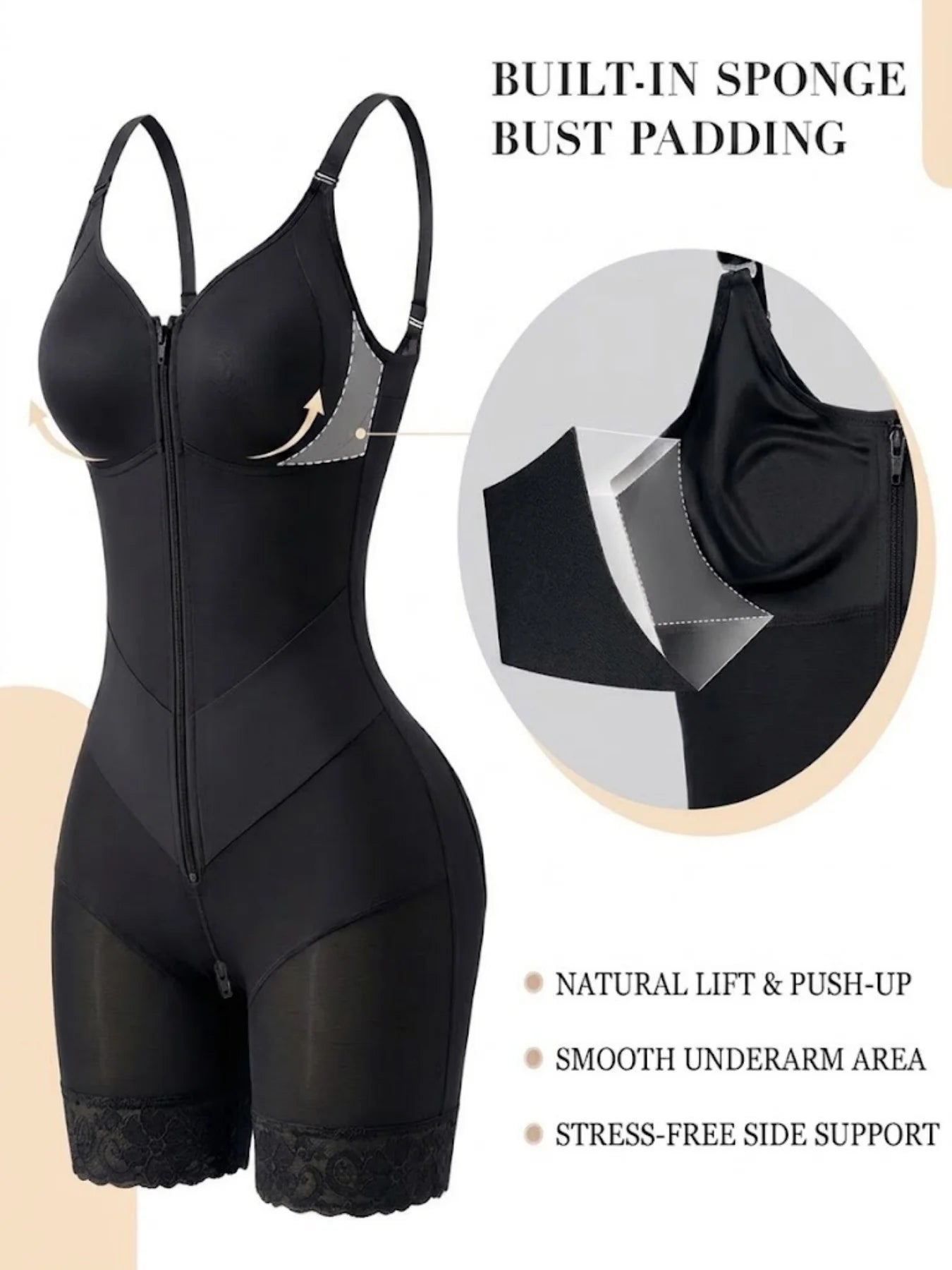 Women's Shapewear Moldeadoras with Enhanced Tummy Control Built-in Bust Pad Butt Lifter Body Shaper Zipper